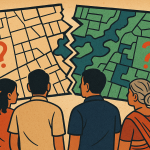 Illustration showing Mira Bhayandar residents puzzled over a map mismatch between official records and housing society documents