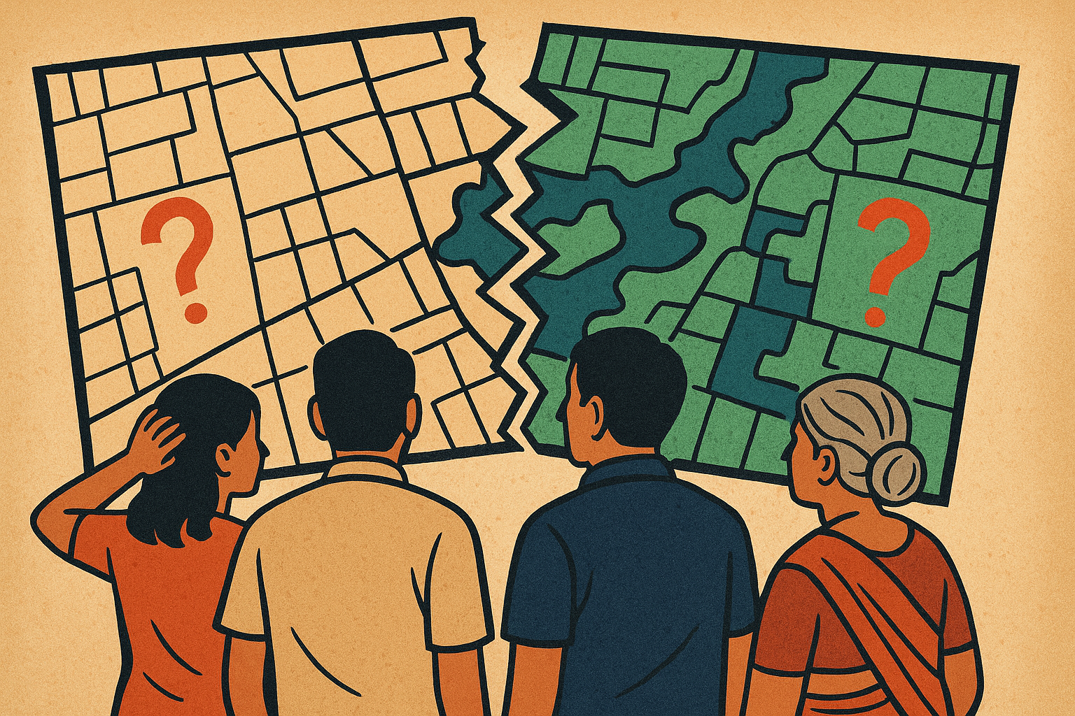 Map Mismatch: Mira Bhayandar Land Records (Gat-book) Mess Exposed 1 Illustration showing Mira Bhayandar residents puzzled over a map mismatch between official records and housing society documents