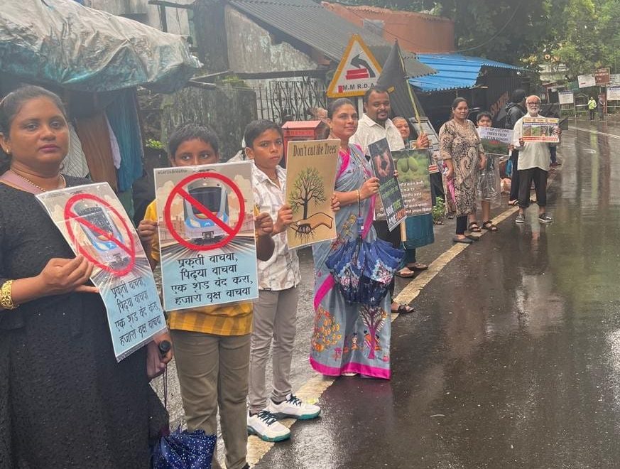 Residents Form Human Chain To Protest Against Uttan Metro Car Shed In Bhayandar
