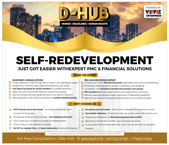 Self-Redevelopment in Maharashtra – D-Hub Project Management Consultancy | Housing Society Redevelopment Support by YIIPPEE® News Network